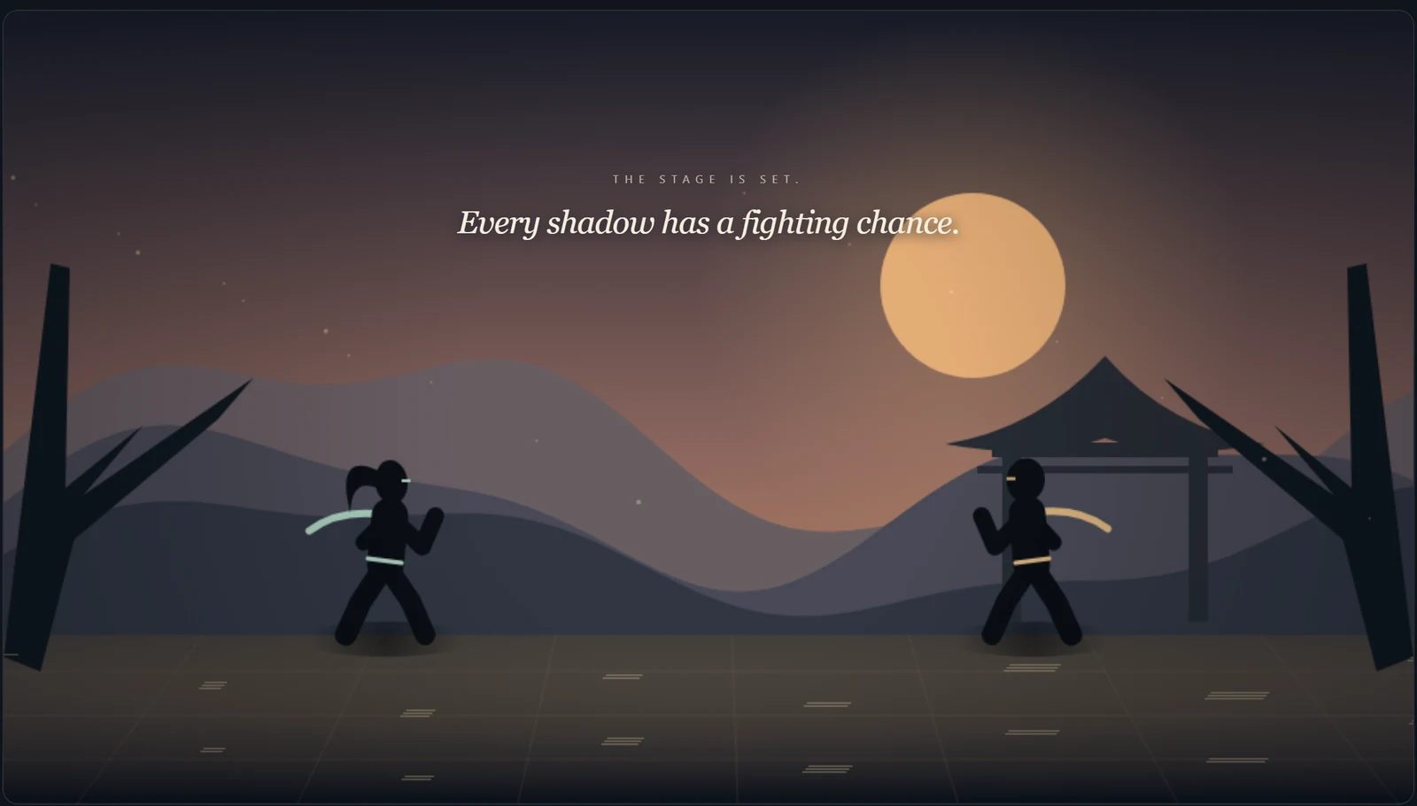 The twilight courtyard arena with two silhouette fighters facing each other under a setting sun